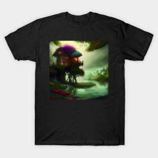 Sparkling Fantasy Cottage with Lights and Glitter Background in Forest, Scenery Nature T-Shirt